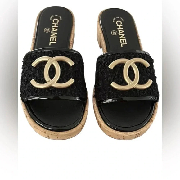 CHANEL Shoes - Chanel Tweed Cork CC Mule Sandal
